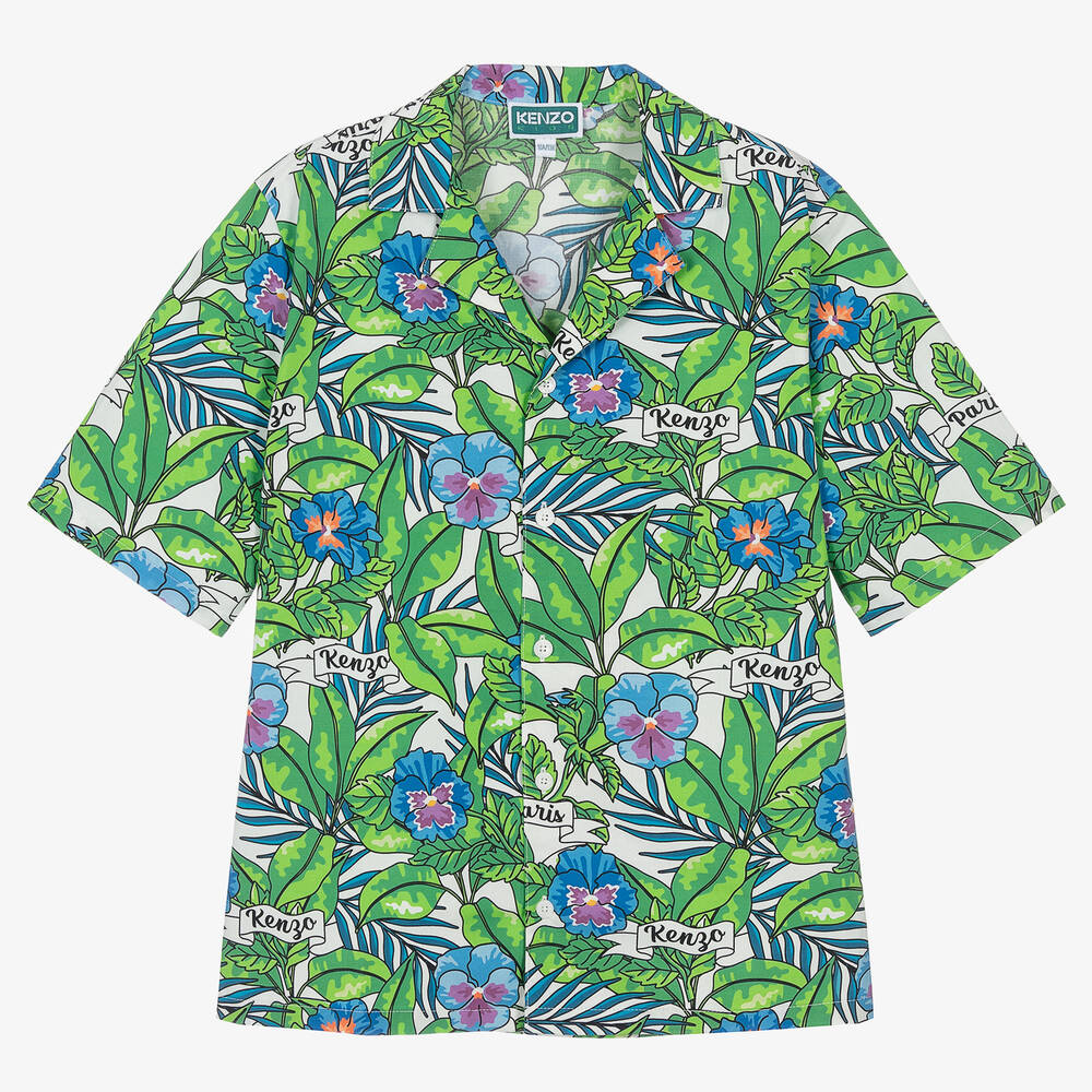 KENZO KIDS-Teen Boys Green Flower Print Cotton Shirt | Childrensalon Outlet