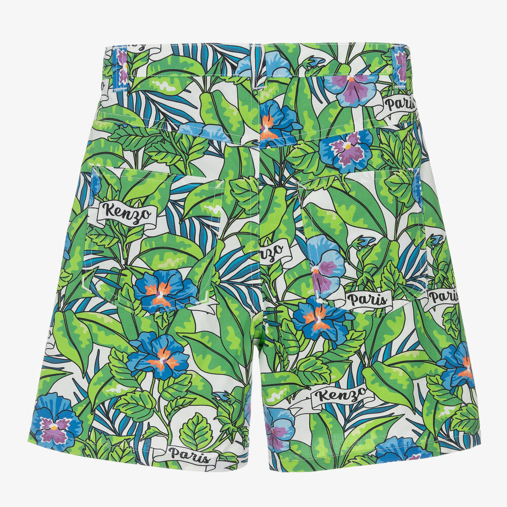 KENZO KIDS-Teen Boys Green Flower Print Cotton Shorts | Childrensalon Outlet