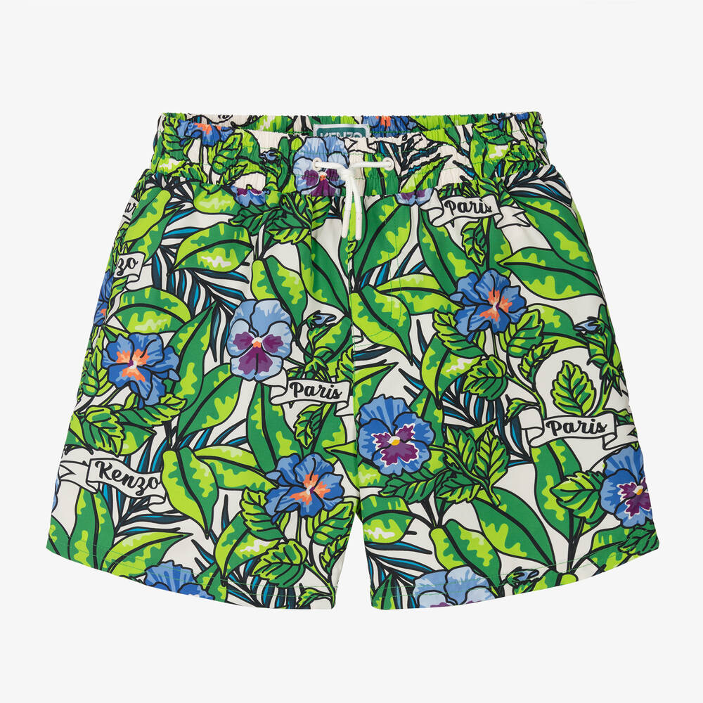 KENZO KIDS Teen Boys Green Flower Print Swim Shorts Childrensalon Outlet