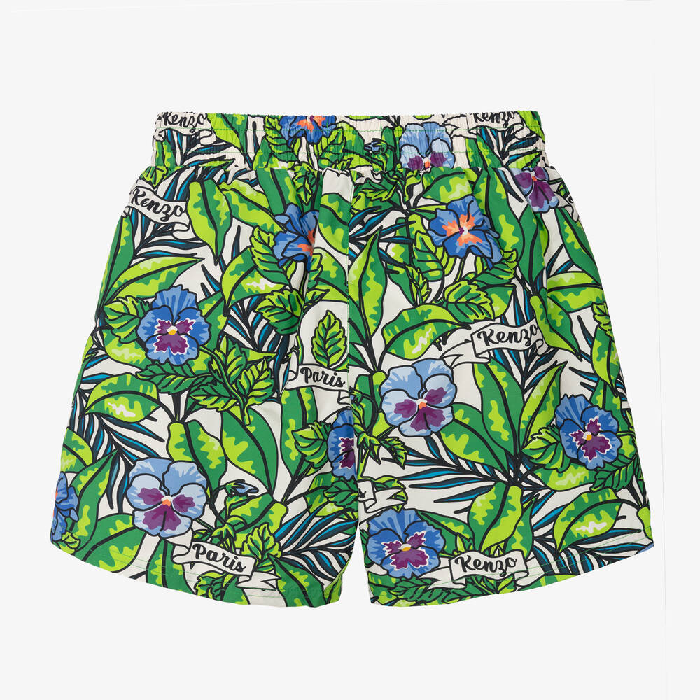 KENZO KIDS-Teen Boys Green Flower Print Swim Shorts | Childrensalon Outlet
