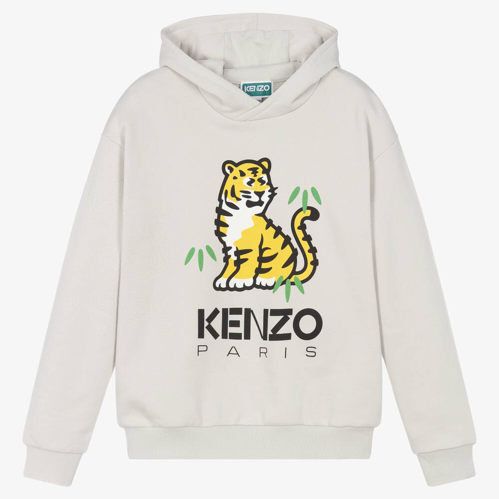 KENZO KIDS - Teen Boys Grey Cotton KOTORA Tiger Hoodie | Childrensalon