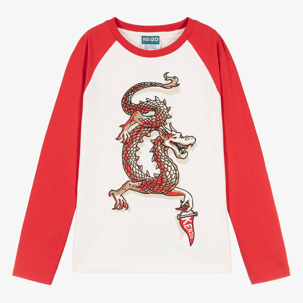 KENZO KIDS-Teen Boys Ivory & Red Dragon Cotton Top | Childrensalon Outlet