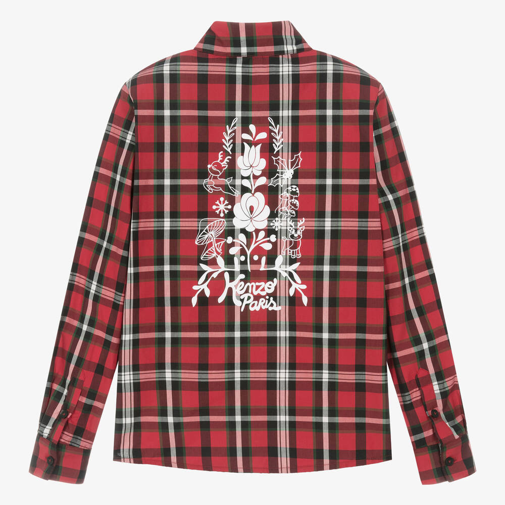 KENZO KIDS-قميص تينز ولادي تارتان قطن بوبلين لون أحمر | Childrensalon Outlet