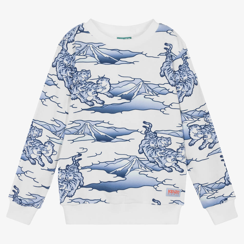 KENZO KIDS - Teen Boys White & Blue Cotton Sweatshirt | Childrensalon