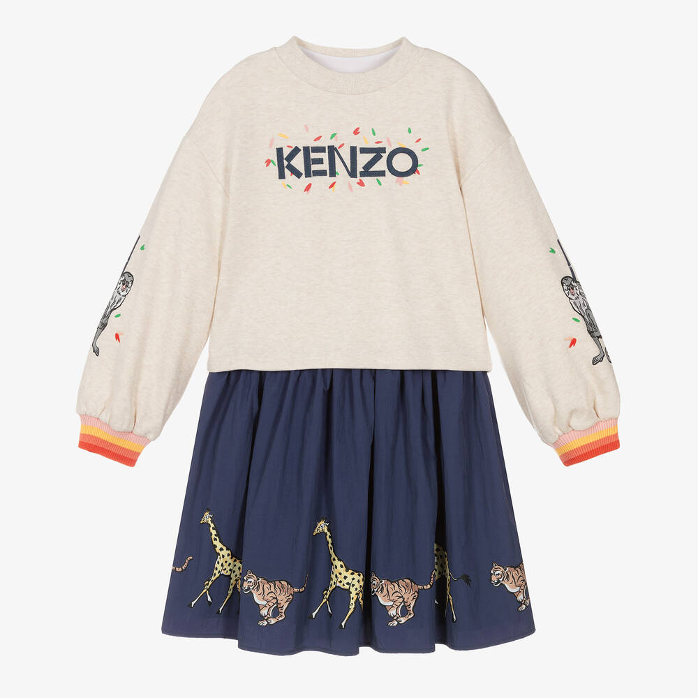 KENZO KIDS - طقم فستان وسويشيرت تينز بناتي قطن لون كحلي وبيج | Childrensalon