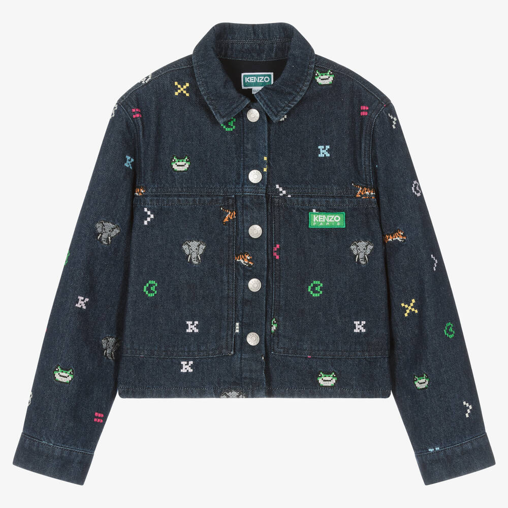 KENZO KIDS-جاكيت قطن دنيم مطرز لون كحلي تينز بناتي | Childrensalon Outlet