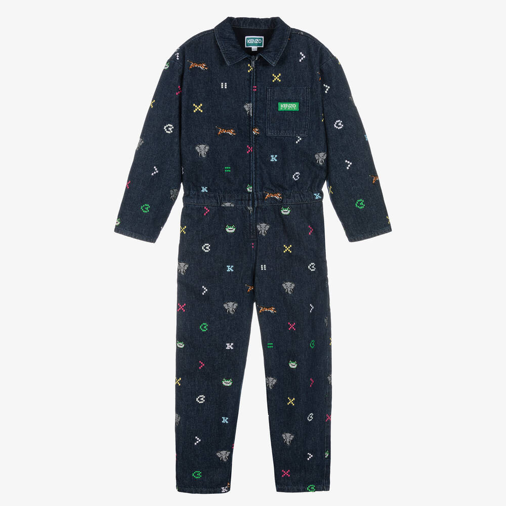 KENZO KIDS - Teen Girls Blue Denim Embroidered Jumpsuit | Childrensalon