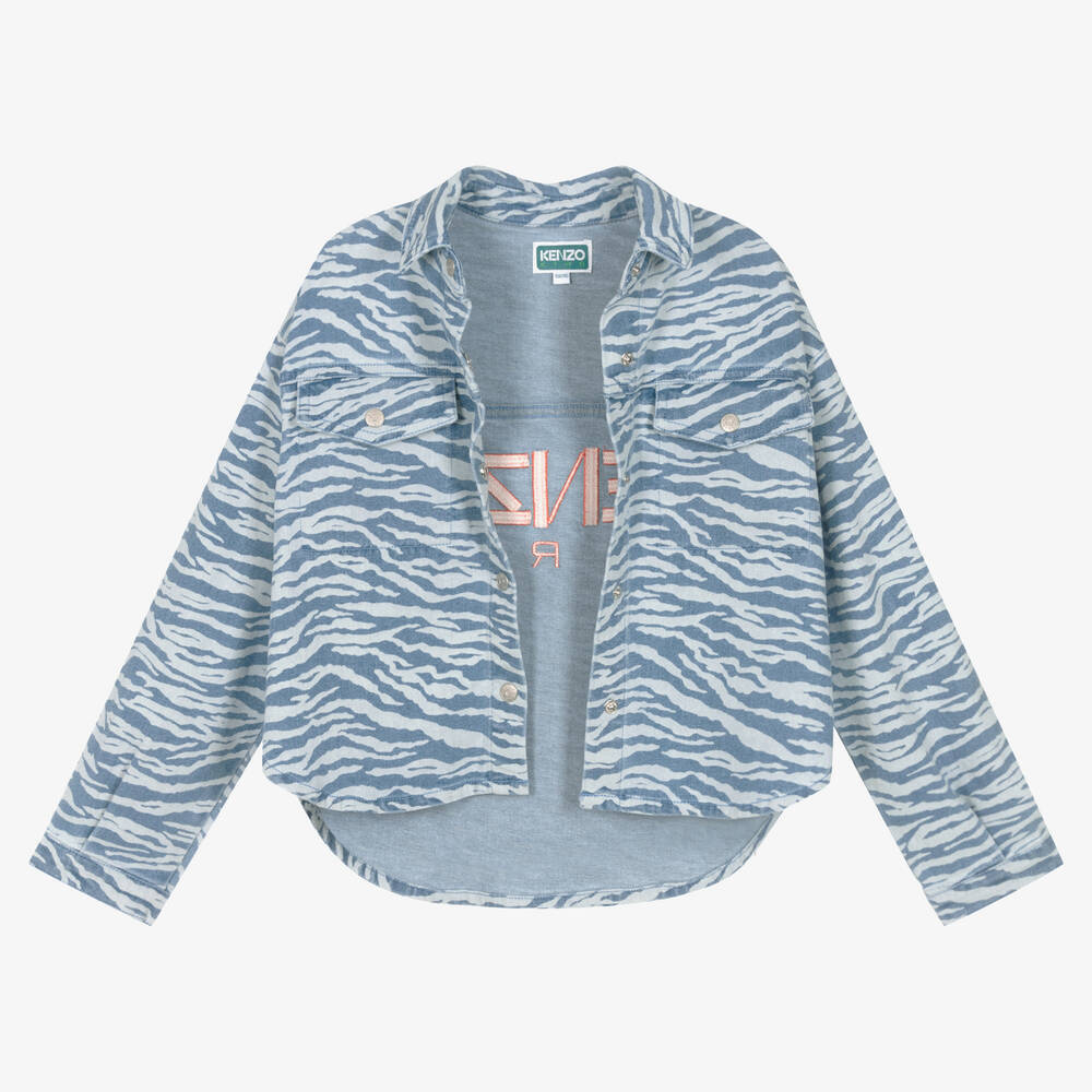 KENZO KIDS-جاكيت تينز بناتي قطن دنيم مقلم لون أزرق | Childrensalon Outlet
