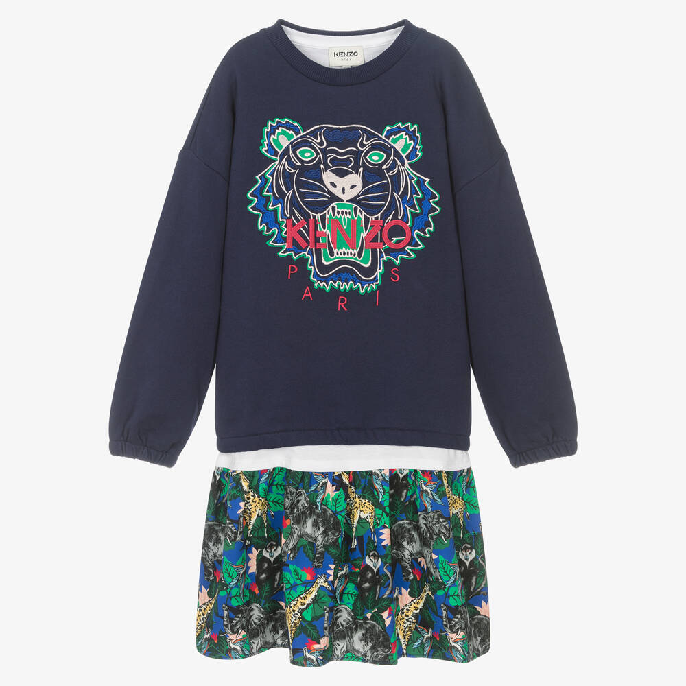 KENZO KIDS - طقم فستان تينز بناتي قطن لون كحلي | Childrensalon