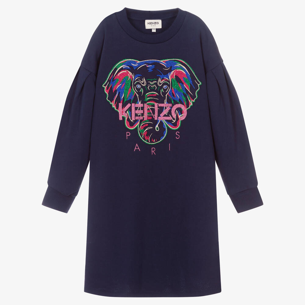 KENZO KIDS - Blaues Teen Kleid mit Elefanten-Motiv (M) | Childrensalon