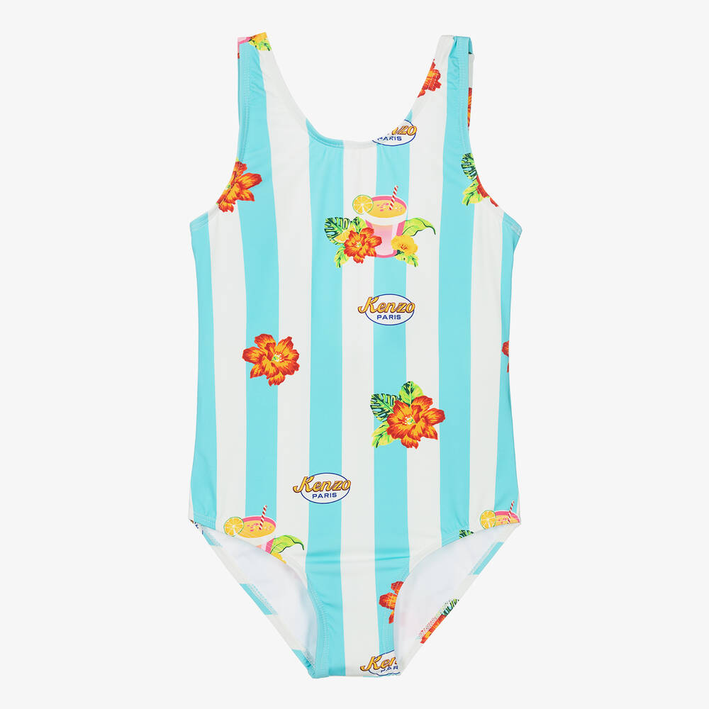 KENZO KIDS-Teen Girls Blue Striped Floral Print Swimsuit | Childrensalon Outlet
