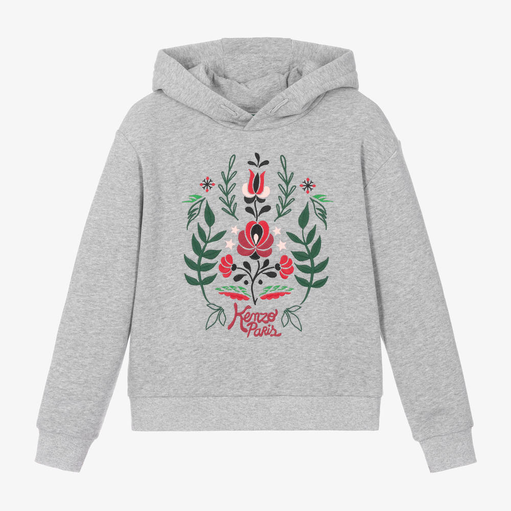 KENZO KIDS - Sweat à capuche coton gris à fleurs | Childrensalon