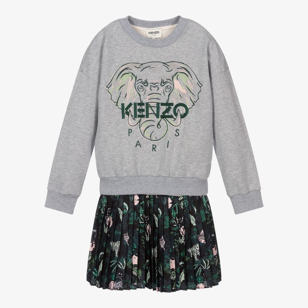 KENZO KIDS - طقم فستان تينز قطن جيرسي لون رمادي وأخضر وزهري | Childrensalon