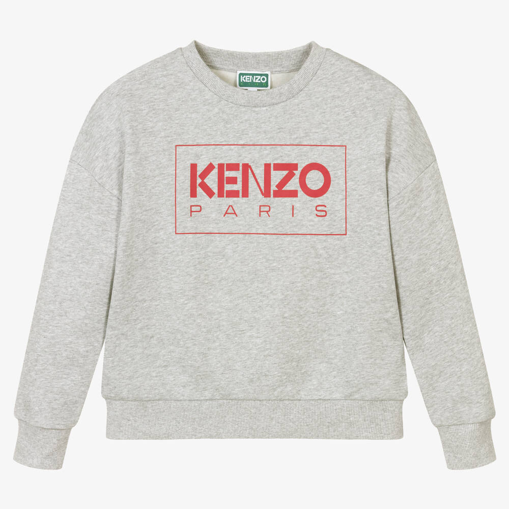 KENZO KIDS - سويتشيرت تينز بناتي قطن جيرسي لون رمادي | Childrensalon