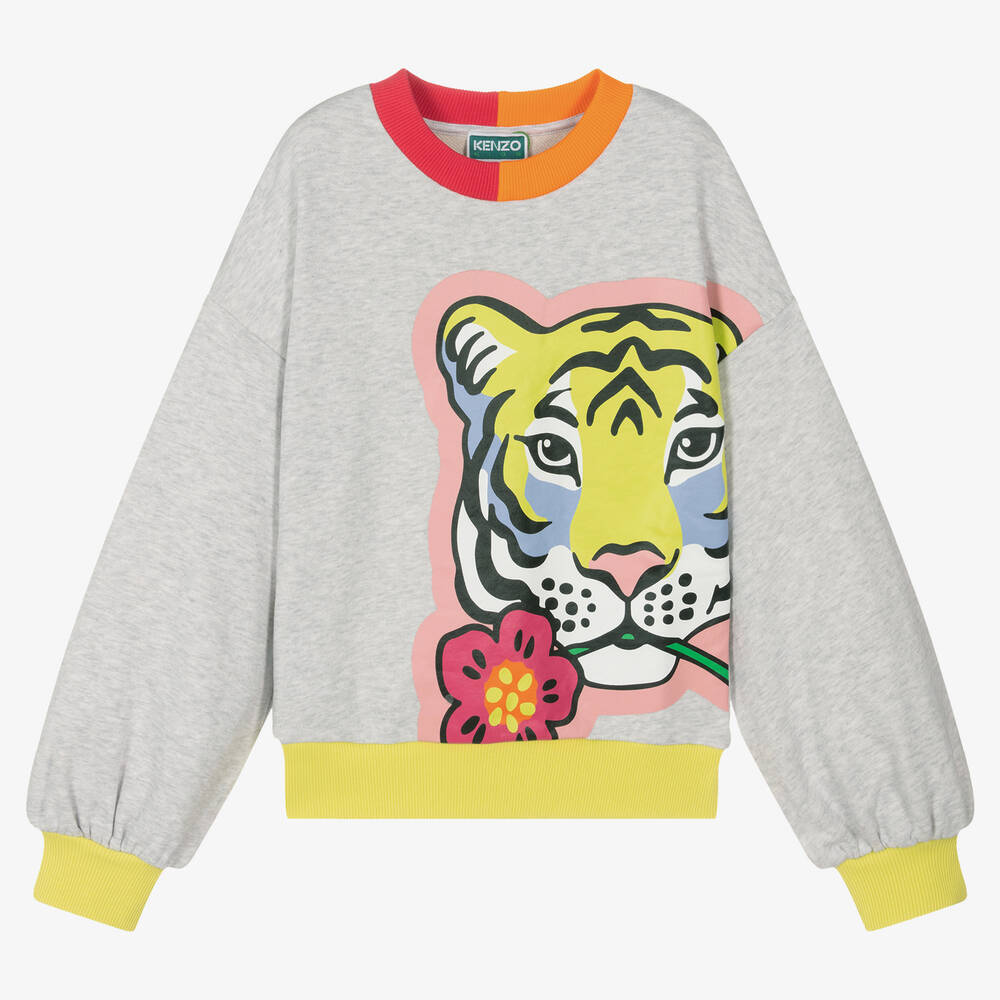 KENZO KIDS - Серый свитшот из меланжевой ткани с тигром | Childrensalon