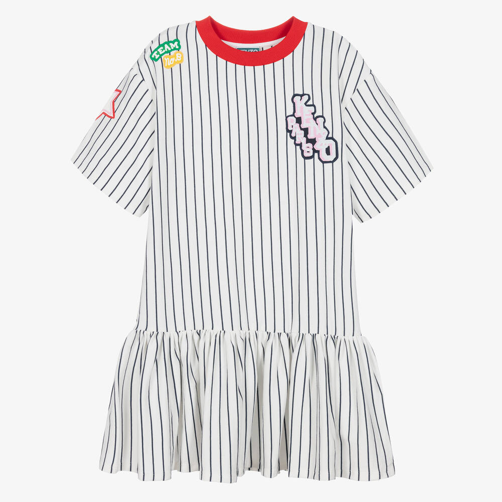 KENZO KIDS - فستان تينز بناتي قطن عضوي مقلم لون عاجي | Childrensalon