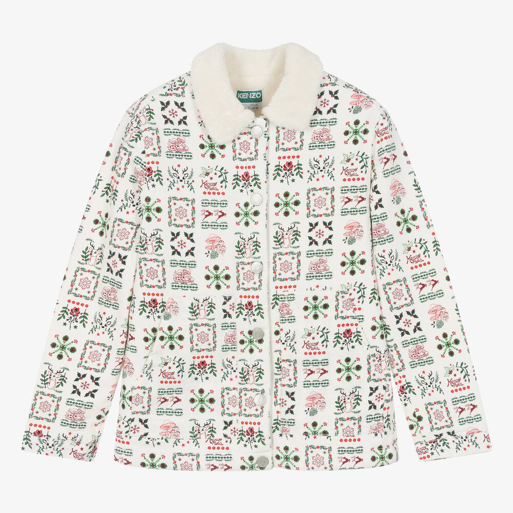 KENZO KIDS-Кремовая куртка из хлопка и шерпы с новогодним принтом | Childrensalon Outlet