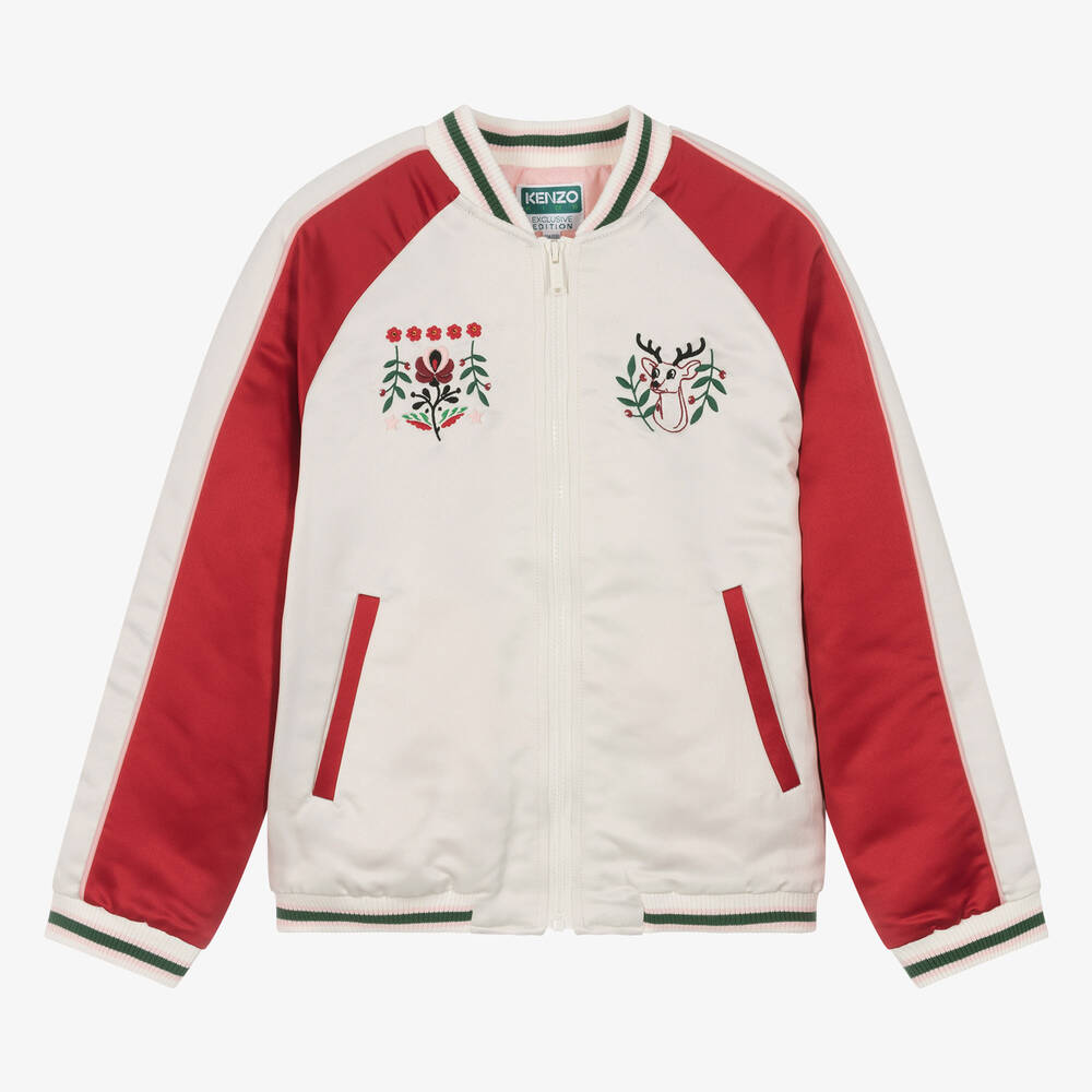Teen Girls Ivory Red Festive Satin Bomber Jacket