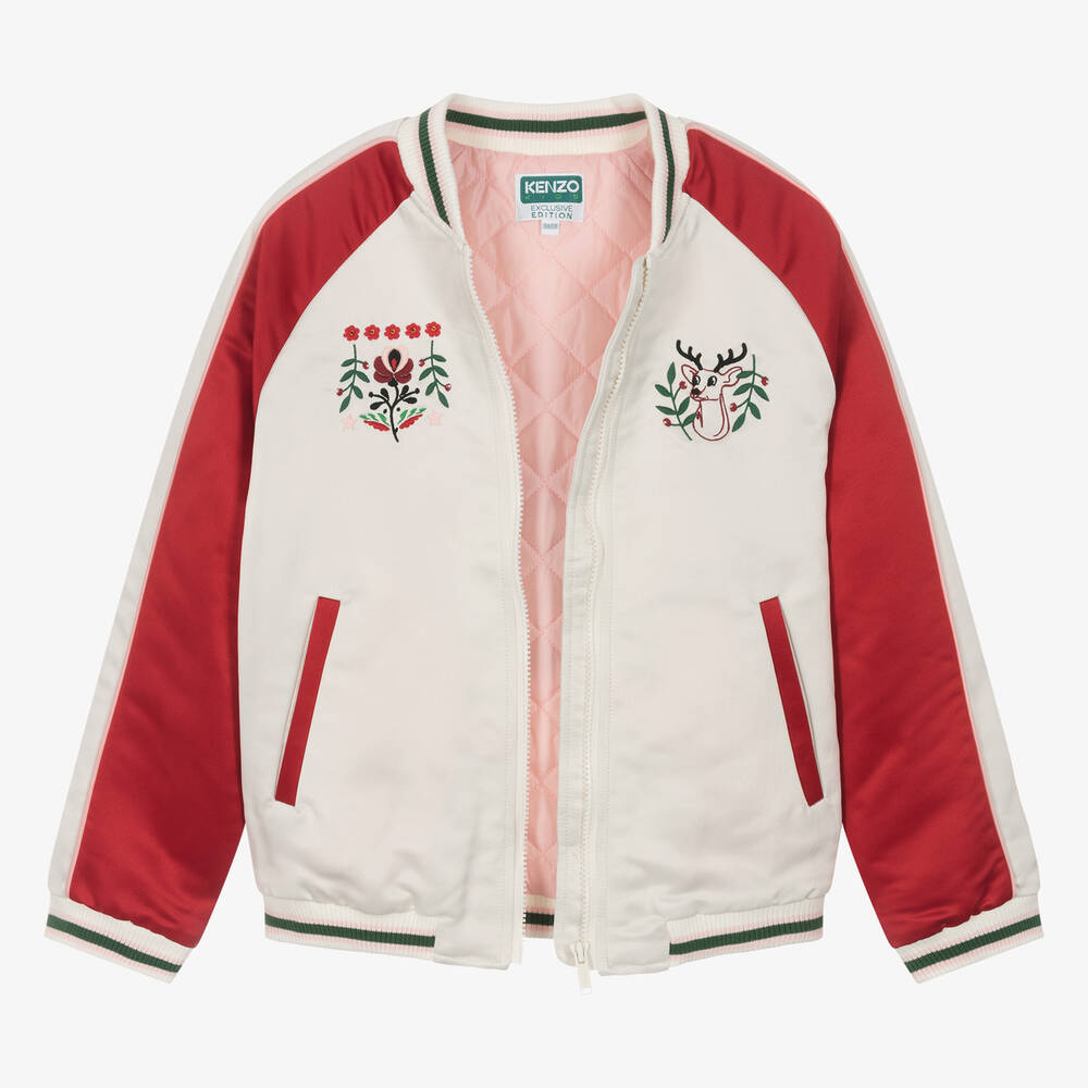 KENZO KIDS Teen Girls Ivory Red Festive Satin Bomber Jacket