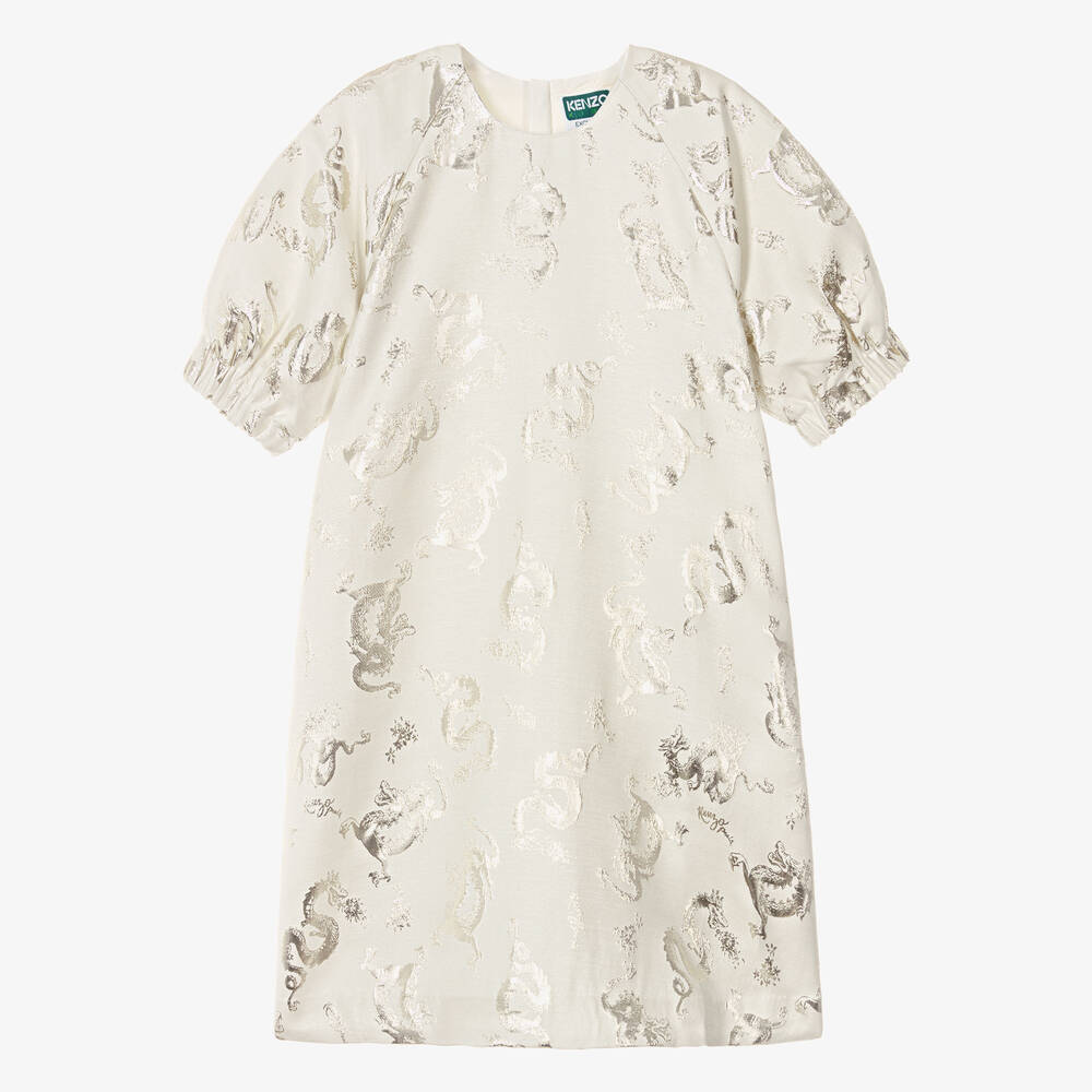 KENZO KIDS Robe ivoire et argentee a dragons ado Childrensalon Outlet