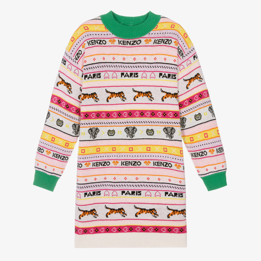 KENZO KIDS - Розовое жаккардовое вязаное платье-свитер | Childrensalon