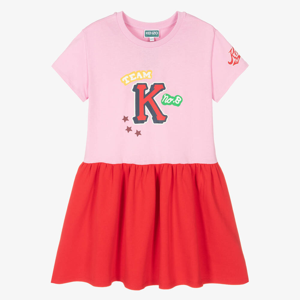 KENZO KIDS - فستان تينز بناتي قطن لون زهري وأحمر | Childrensalon