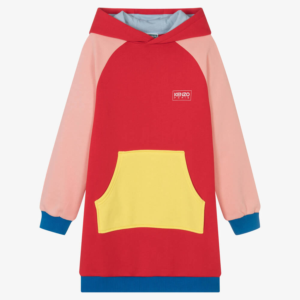 KENZO KIDS - فستان تينز بناتي قطن جيرسي لون أحمر بألوان بلوك | Childrensalon