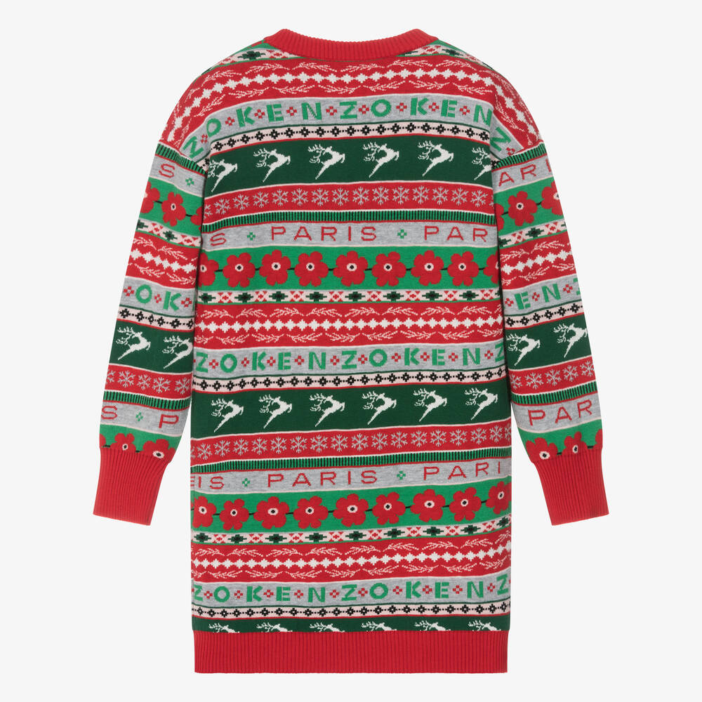 KENZO KIDS-فستان تينز بناتي مزيج قطن محبوك لون أحمر وأخضر | Childrensalon Outlet