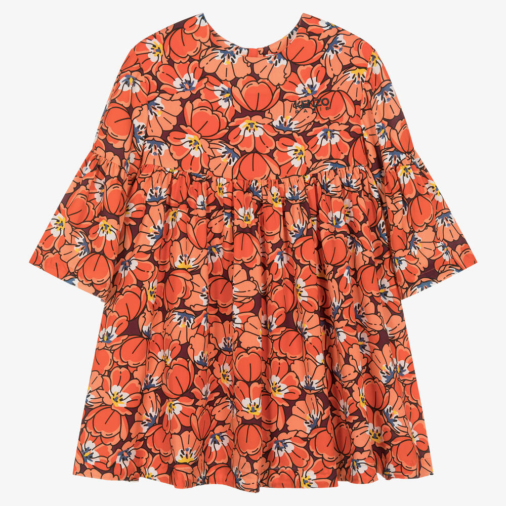 KENZO KIDS - Красно-оранжевое платье с цветами для девочек-подростков | Childrensalon