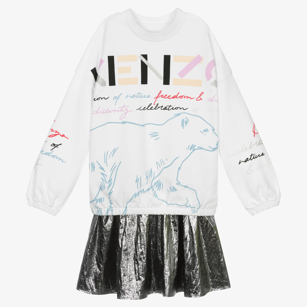 KENZO KIDS - طقم فستان تينز بناتي قطن لون أبيض وفضّي متاليك | Childrensalon