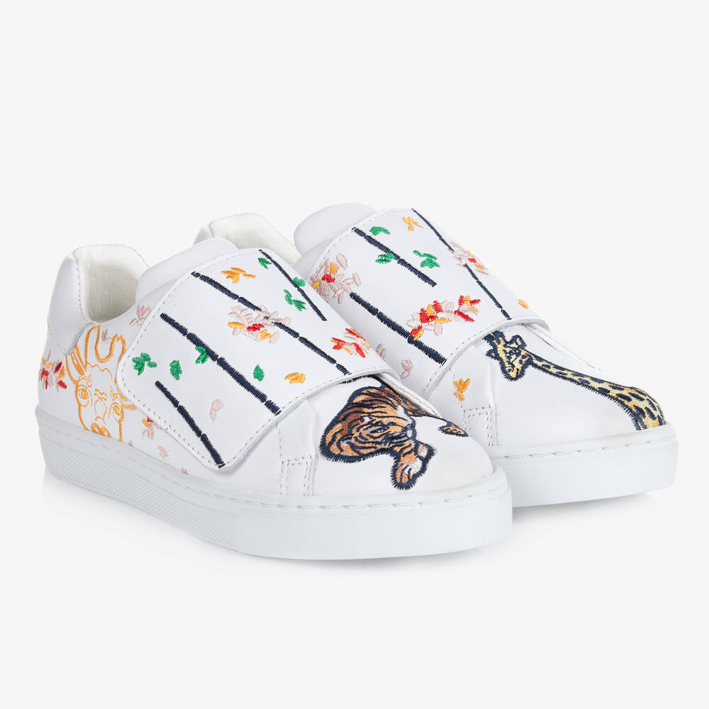KENZO KIDS - Teen Girls White Embroidered Leather Trainers | Childrensalon