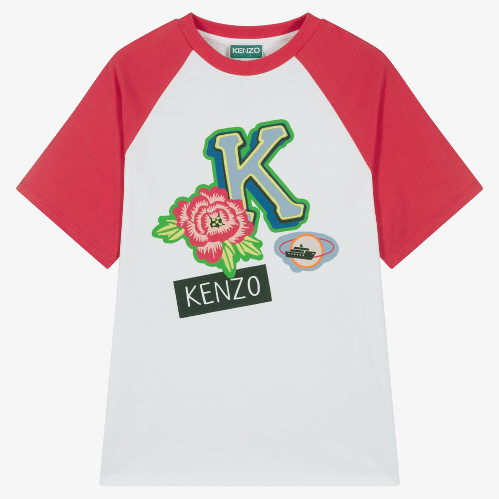 KENZO KIDS - تيشيرت تينز بناتي قطن لون أبيض وزهري | Childrensalon