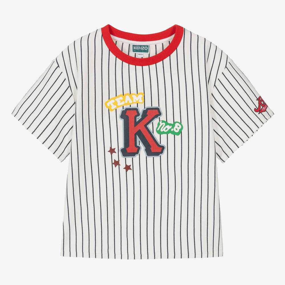 KENZO KIDS Teen Girls White Striped Cotton T Shirt