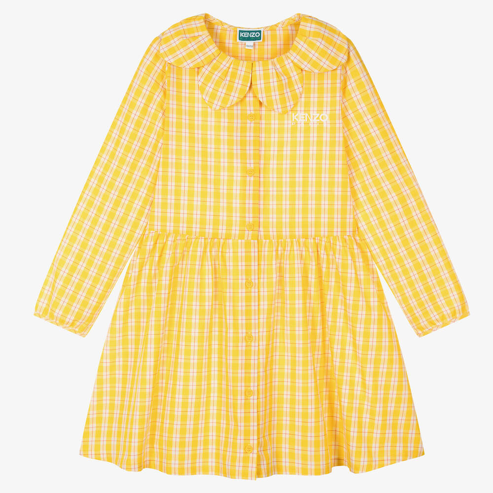 KENZO KIDS - فستان قطن بوبلين بياقة بتصميم بتلات لون أصفر | Childrensalon