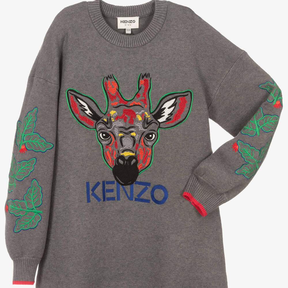 KENZO KIDS Teen Grey Knitted Giraffe Dress Childrensalon Outlet