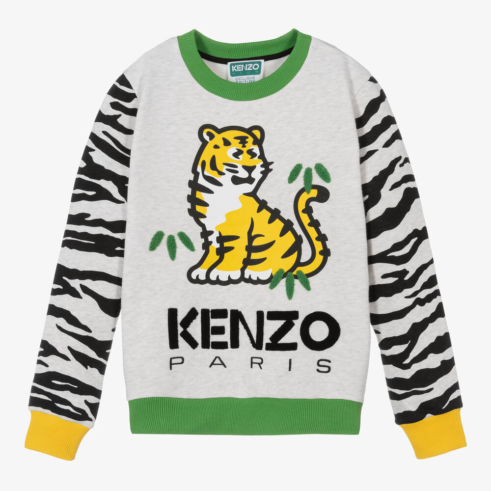 KENZO KIDS - سويتشيرت تينز قطن لون رمادي | Childrensalon