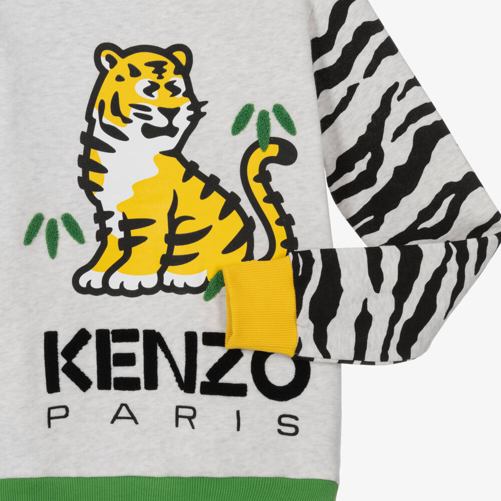 KENZO KIDS-كنزة قطنية رمادية بنقشة النمر للمراهقين | Childrensalon Outlet