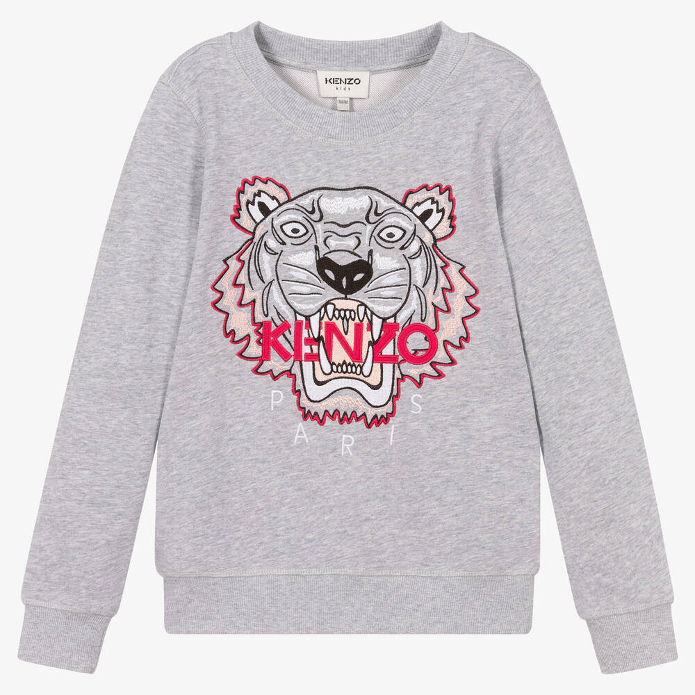 KENZO KIDS - سويتشيرت تينز بناتي قطن لون رمادي | Childrensalon