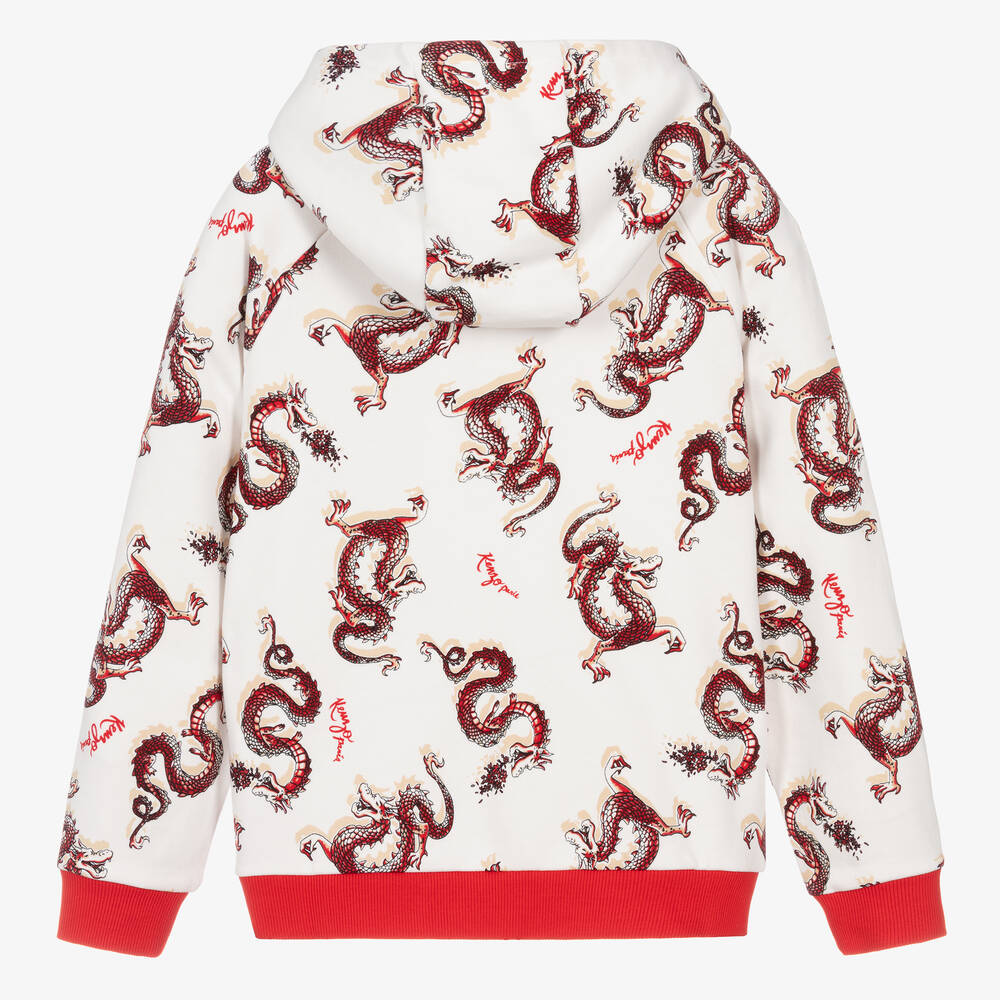 KENZO KIDS Teen Ivory Red Dragon Cotton Hoodie Childrensalon Outlet