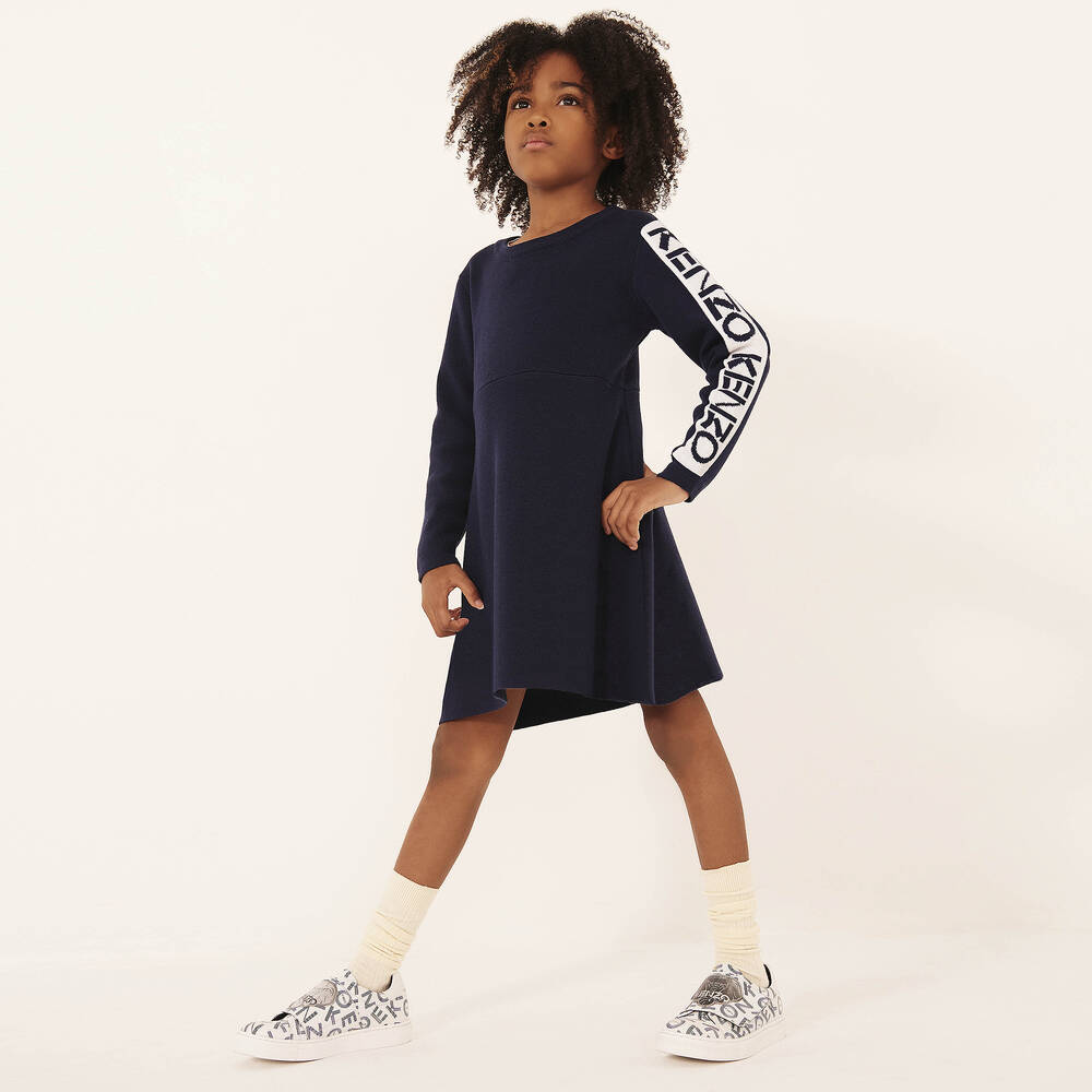 KENZO KIDS-فستان مزيج صوف محبوك لون كحلي وأبيض للمراهقات | Childrensalon Outlet