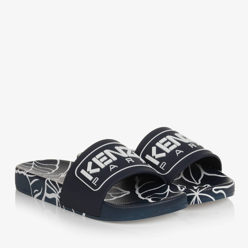 KENZO KIDS-Teen Navy Blue Tiger & Elephant Sliders | Childrensalon Outlet