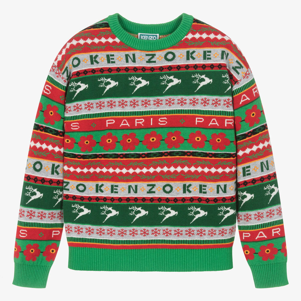 Teen Red Green Festive Cotton Knit Jumper