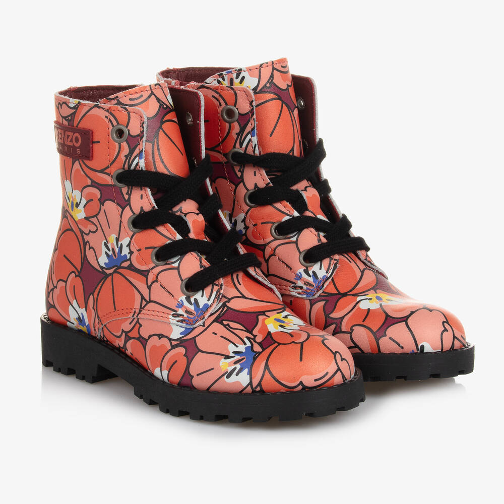 KENZO KIDS - Teen Red & Pink Floral Leather Boots | Childrensalon
