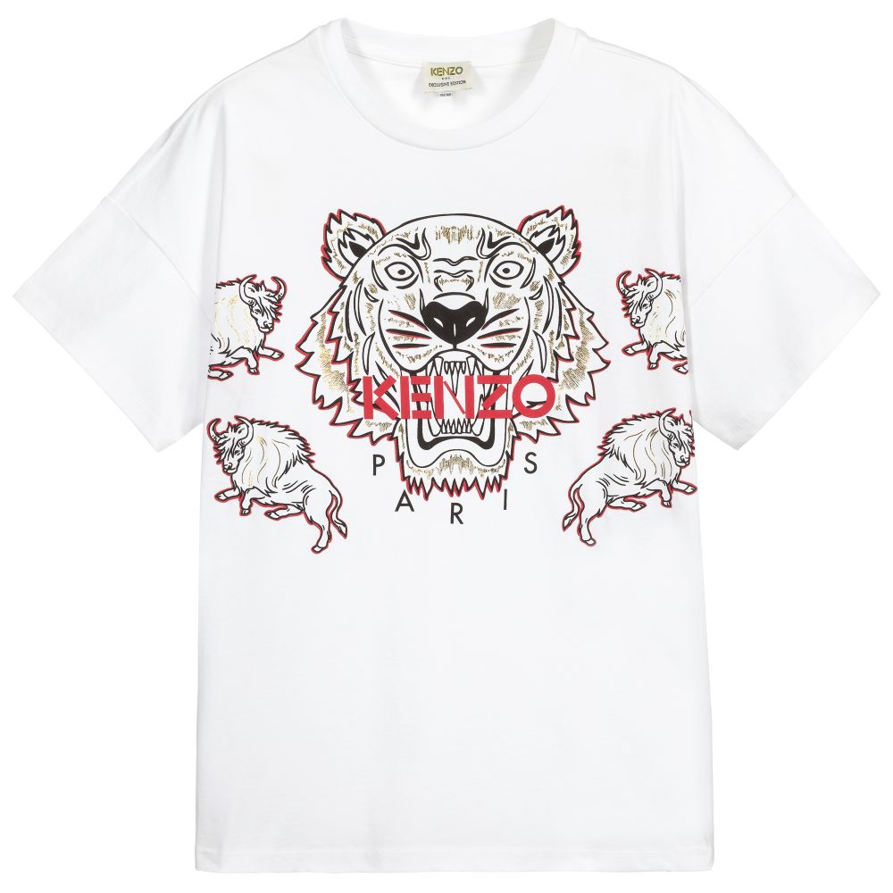 KENZO KIDS - Белая футболка с тигром и буйволами для подростков | Childrensalon