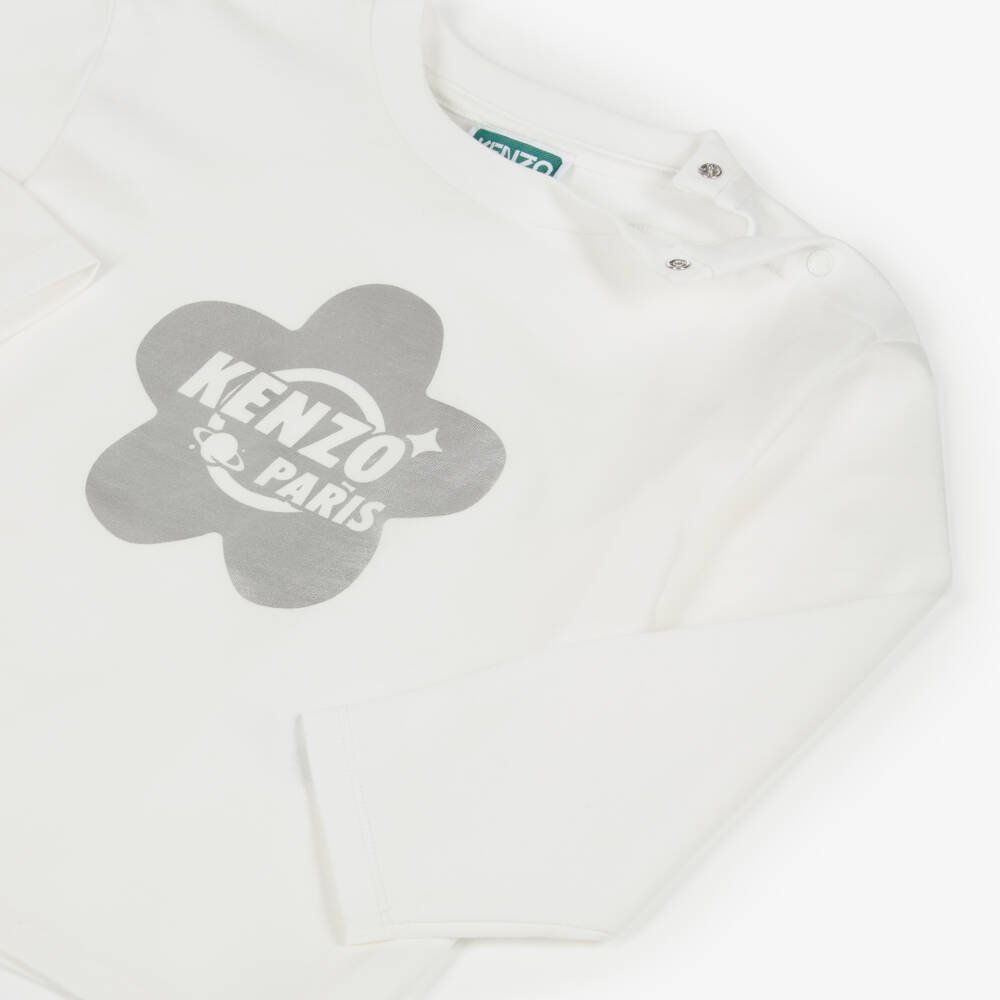 KENZO KIDS-White And Silver Flower Ls Thsirt | Childrensalon Outlet