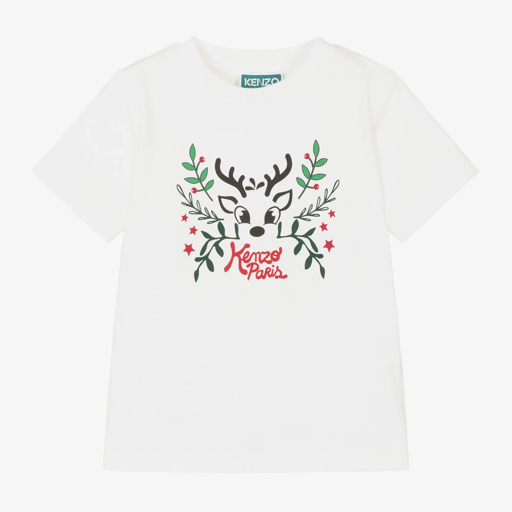 KENZO KIDS - White Cotton Festive Reindeer T-Shirt | Childrensalon