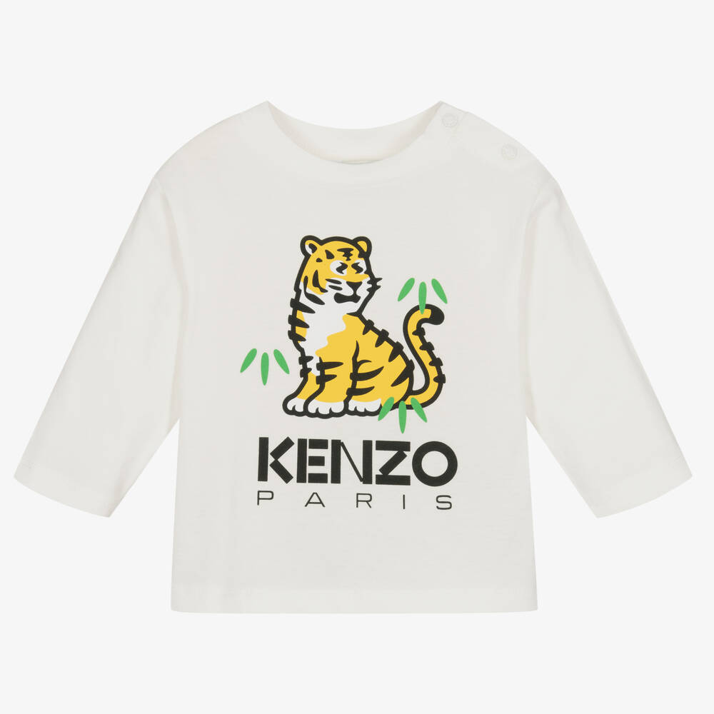 KENZO KIDS-Белый топ из органического хлопка с тигром | Childrensalon Outlet