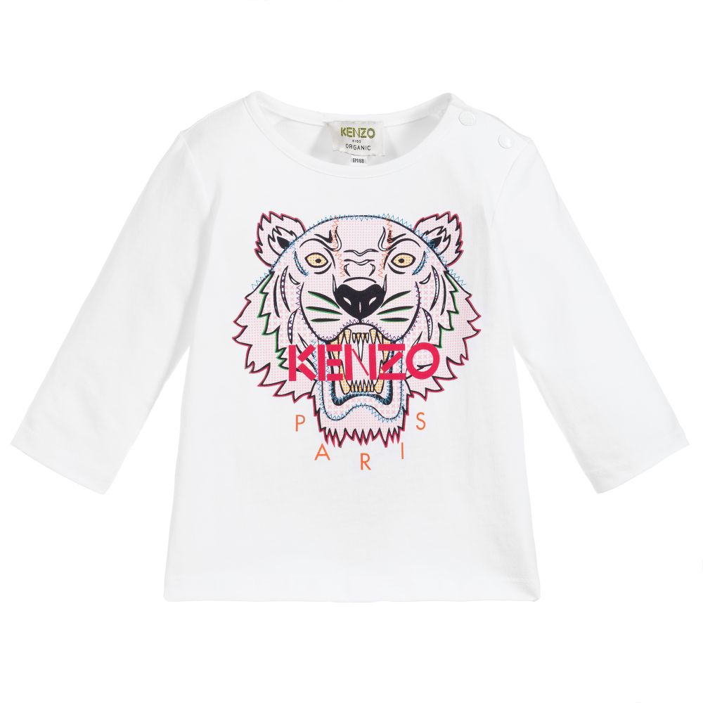 KENZO KIDS - Weißes Biobaumwoll-Oberteil mit Tiger-Print | Childrensalon