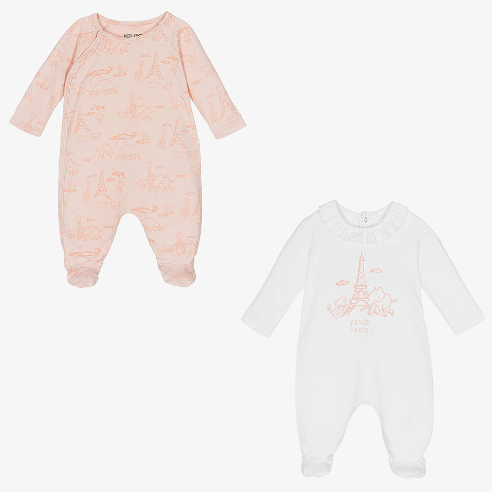 KENZO KIDS - White & Pink Cotton Logo Babygrows (2 Pack) | Childrensalon