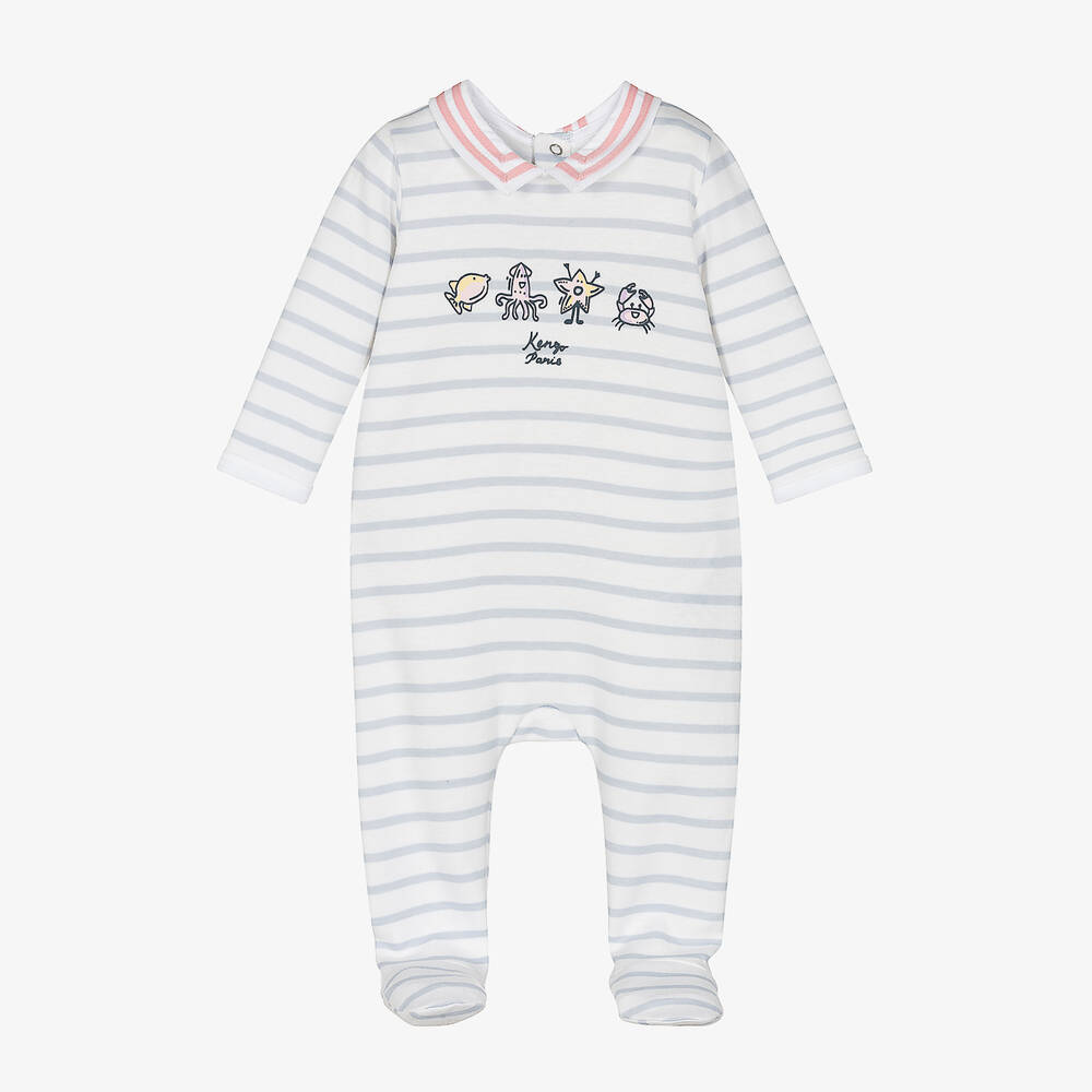 KENZO KIDS-بيبي غرو قطن عضوي مقلم لون أبيض وأزرق للأطفال | Childrensalon Outlet